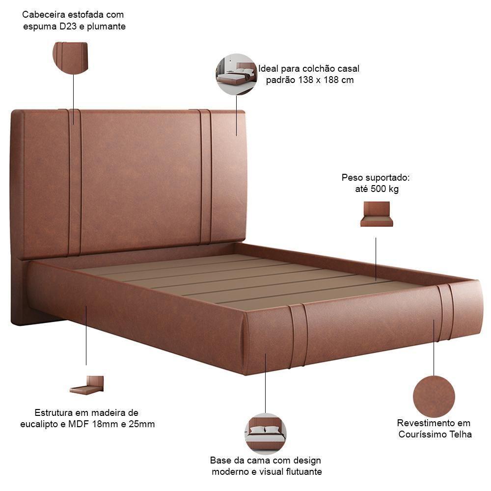 Cama Casal Flutuante Com Cabeceira 140cm Astra S04 Couríssimo Telha - Lyam Decor - 4