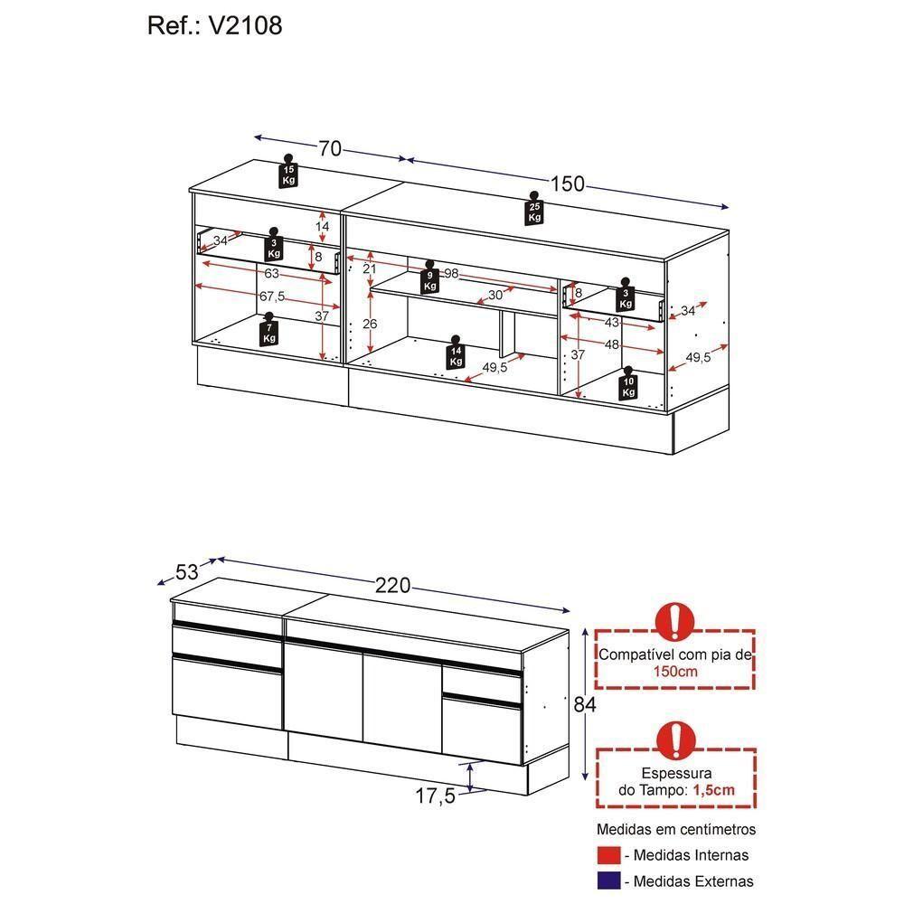 Kit Com 2 Balcões De Cozinha 150cm E 70cm Com Rodapé Veneza Multimóveis V2108 Preto Preto - 4