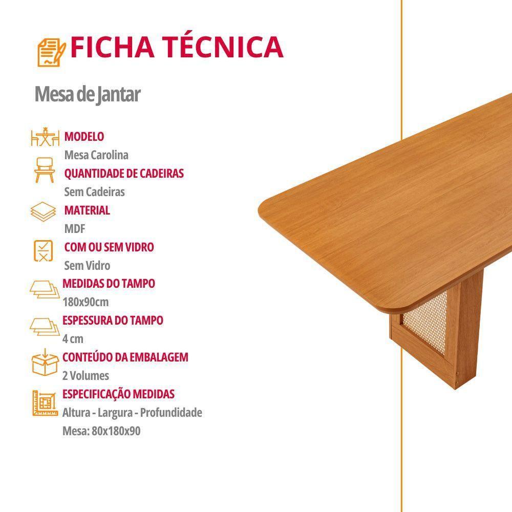 Mesa Jantar Carolina 180cm Tampo Mdf Canto Copo Moderna Naturalle - 4
