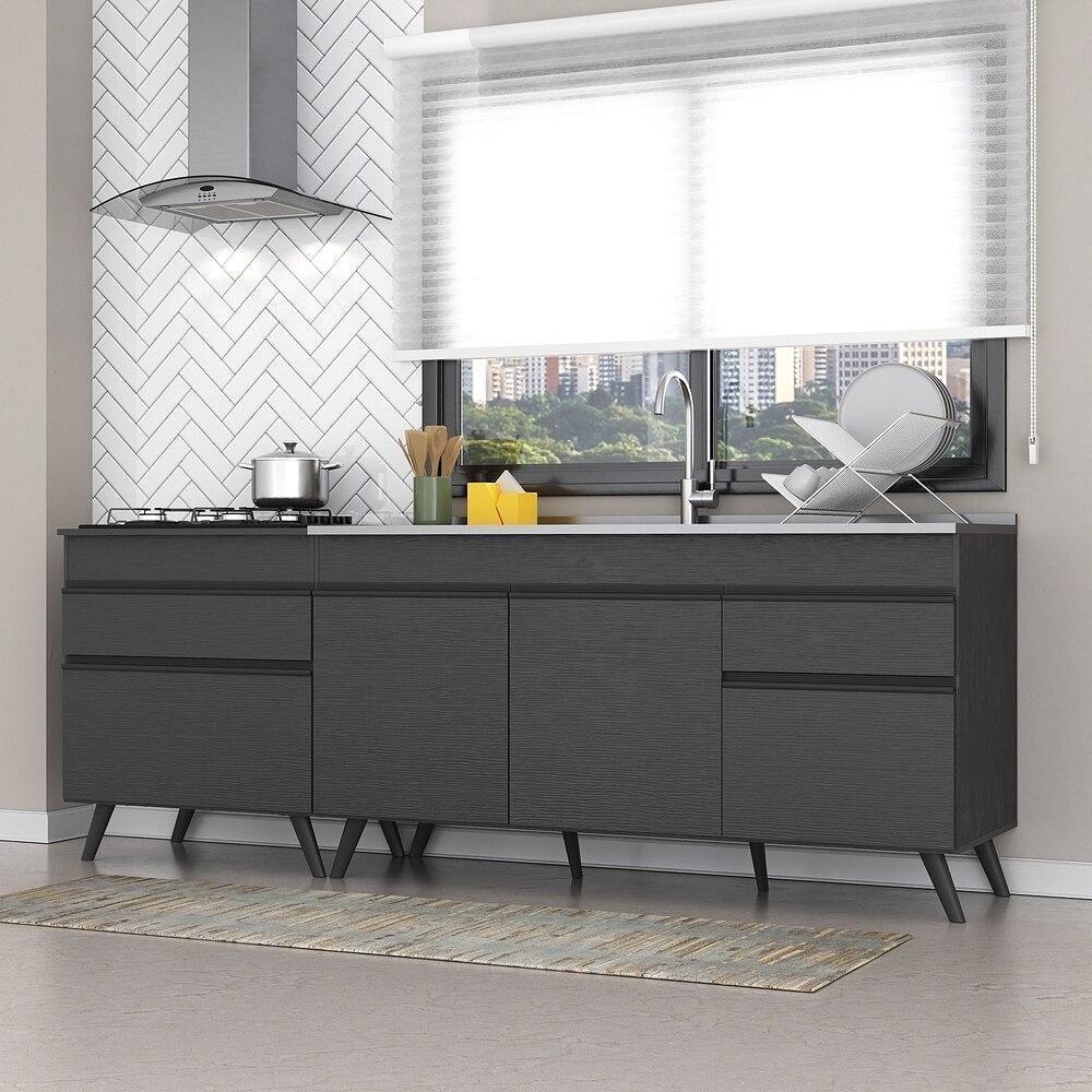 Kit Com 2 Balcões De Cozinha 150cm E 70cm Veneza Multimóveis V2073 Preto Preto - 6