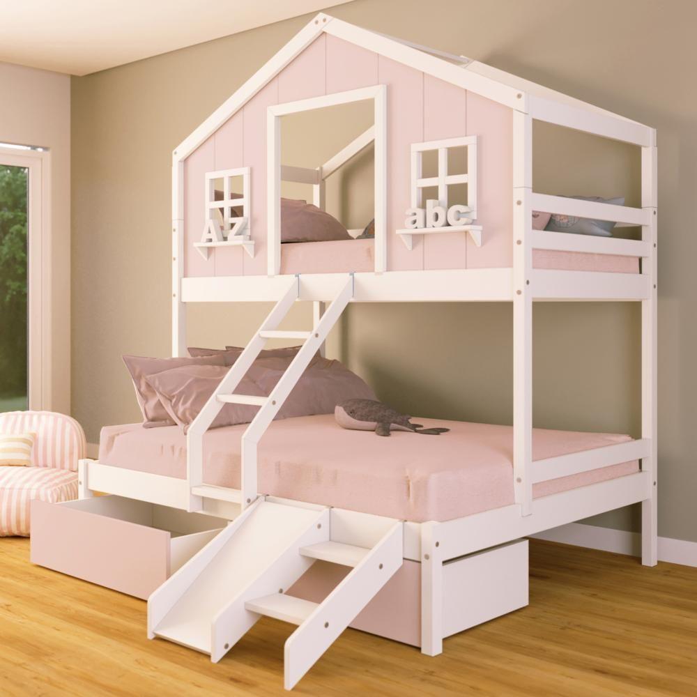 Beliche Casal/ Solteiro Casinha Sonhos 02 Gavetas Rosa Kit Escada/ Escorregador Madeira Maciça Rosa/ Branco Housin - 1