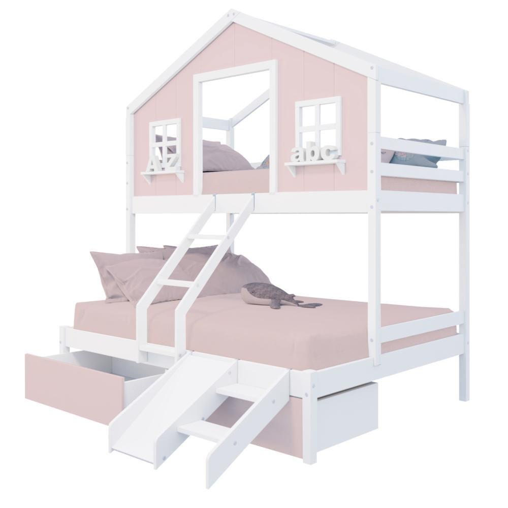 Beliche Casal/ Solteiro Casinha Sonhos 02 Gavetas Rosa Kit Escada/ Escorregador Madeira Maciça Rosa/ Branco Housin - 2