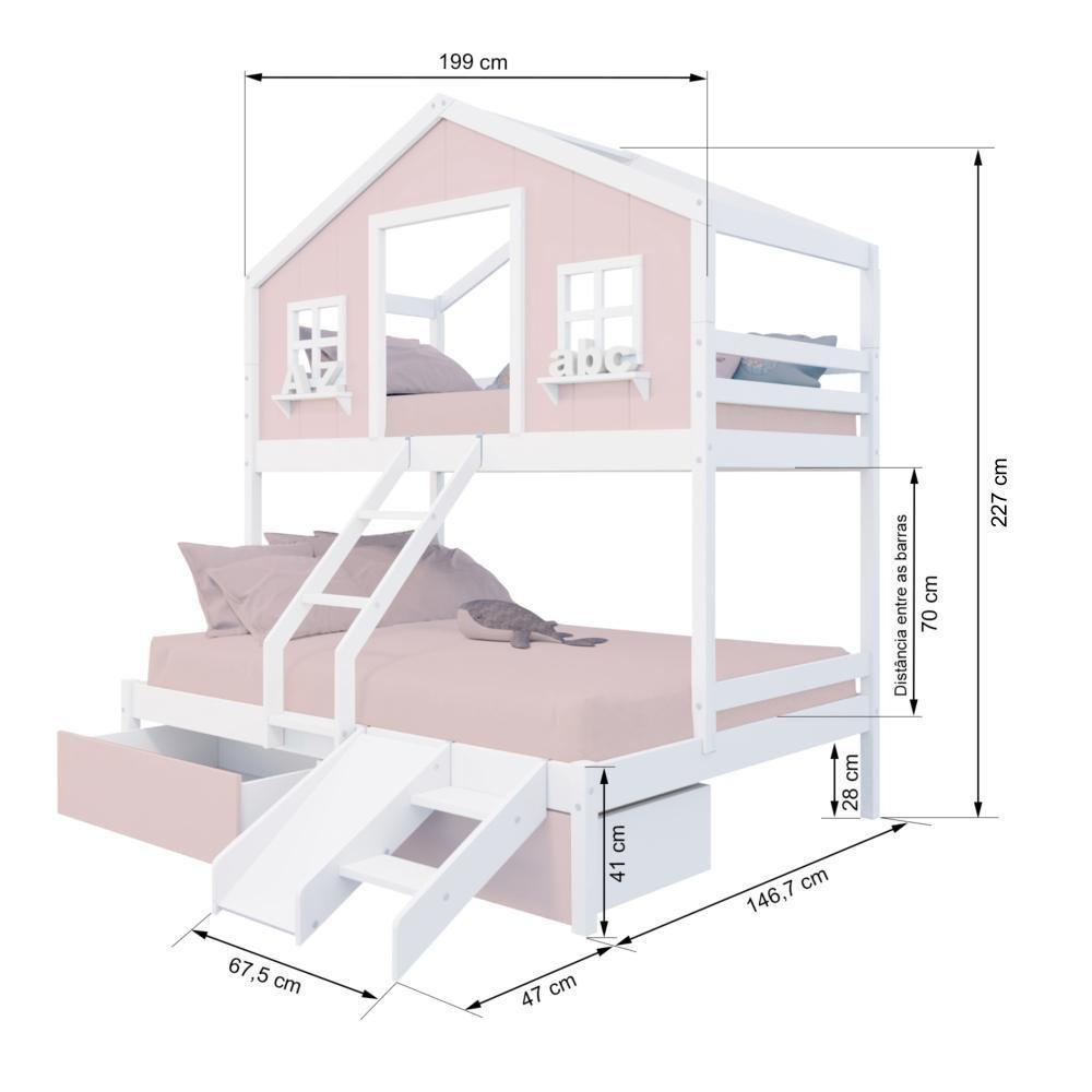 Beliche Casal/ Solteiro Casinha Sonhos 02 Gavetas Rosa Kit Escada/ Escorregador Madeira Maciça Rosa/ Branco Housin - 3