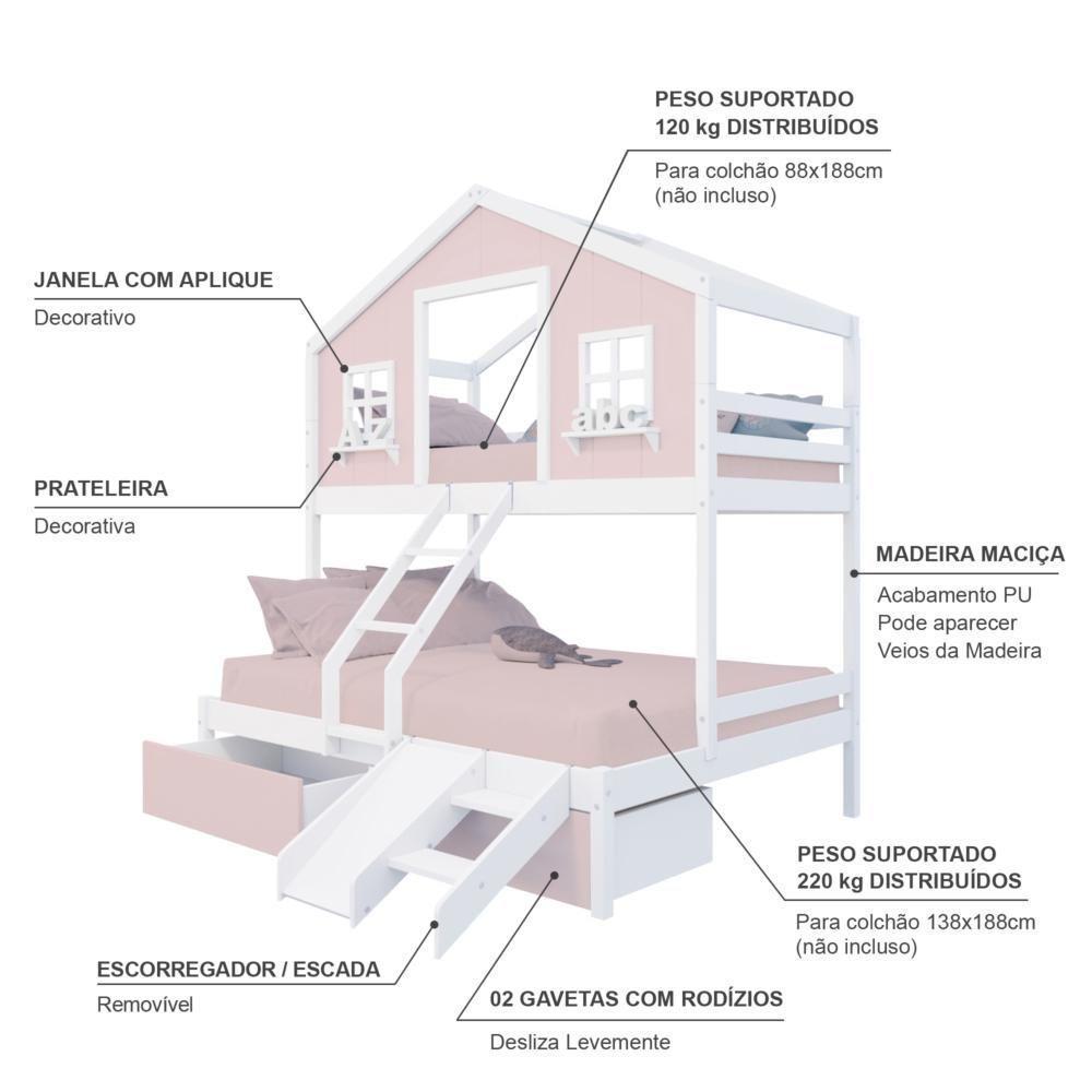 Beliche Casal/ Solteiro Casinha Sonhos 02 Gavetas Rosa Kit Escada/ Escorregador Madeira Maciça Rosa/ Branco Housin - 4
