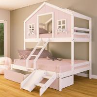 Beliche Casal/ Solteiro Casinha Sonhos 02 Gavetas Rosa Kit Escada/ Escorregador Madeira Maciça Rosa/ Branco Housin - 1