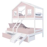 Beliche Casal/ Solteiro Casinha Sonhos 02 Gavetas Rosa Kit Escada/ Escorregador Madeira Maciça Rosa/ Branco Housin - 2