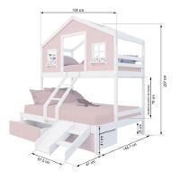 Beliche Casal/ Solteiro Casinha Sonhos 02 Gavetas Rosa Kit Escada/ Escorregador Madeira Maciça Rosa/ Branco Housin - 3