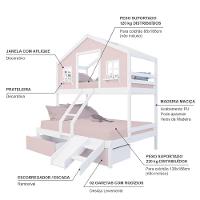 Beliche Casal/ Solteiro Casinha Sonhos 02 Gavetas Rosa Kit Escada/ Escorregador Madeira Maciça Rosa/ Branco Housin - 4