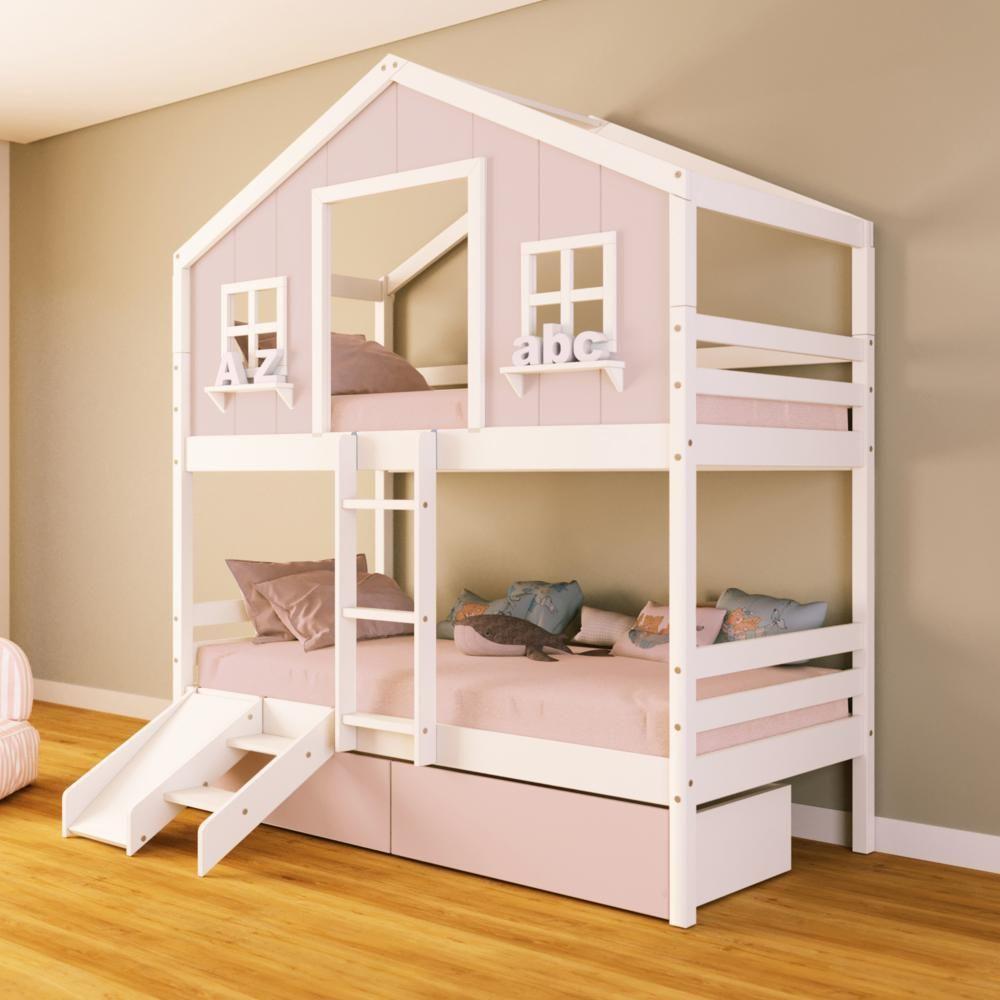 Beliche Casinha Sonhos Com 02 Gavetas Rosa Kit Escada/ Escorregador Madeira Maciça Rosa/ Branco Housin - 1