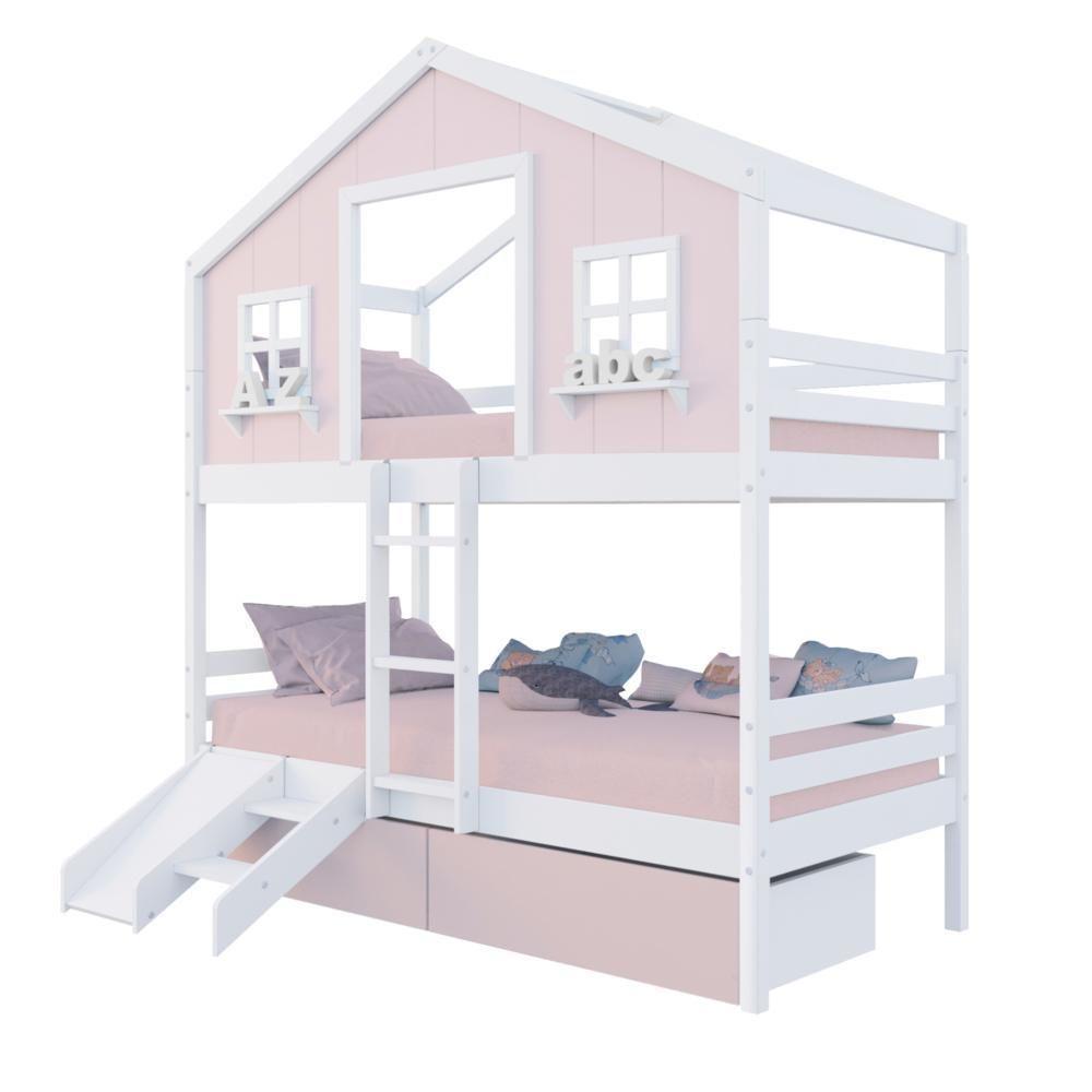 Beliche Casinha Sonhos Com 02 Gavetas Rosa Kit Escada/ Escorregador Madeira Maciça Rosa/ Branco Housin - 2