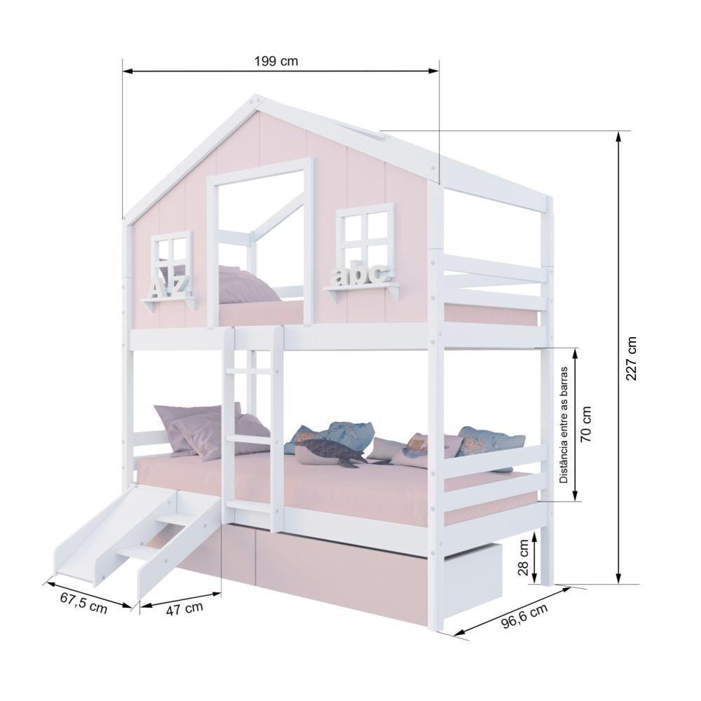 Beliche Casinha Sonhos Com 02 Gavetas Rosa Kit Escada/ Escorregador Madeira Maciça Rosa/ Branco Housin - 3