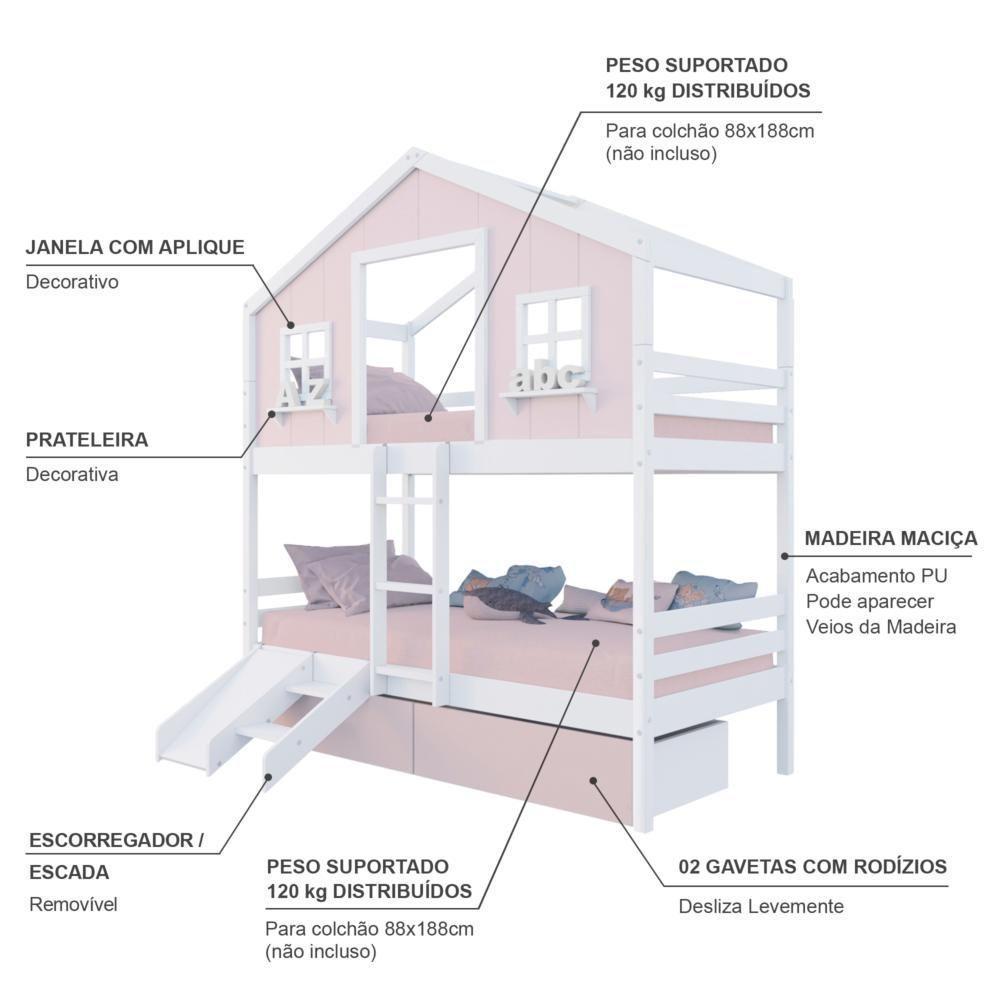Beliche Casinha Sonhos Com 02 Gavetas Rosa Kit Escada/ Escorregador Madeira Maciça Rosa/ Branco Housin - 4