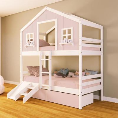 Beliche Casinha Sonhos Com 02 Gavetas Rosa Kit Escada/ Escorregador Madeira Maciça Rosa/ Branco Housin
