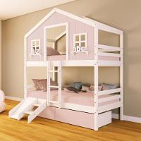 Beliche Casinha Sonhos Com 02 Gavetas Rosa Kit Escada/ Escorregador Madeira Maciça Rosa/ Branco Housin - 1