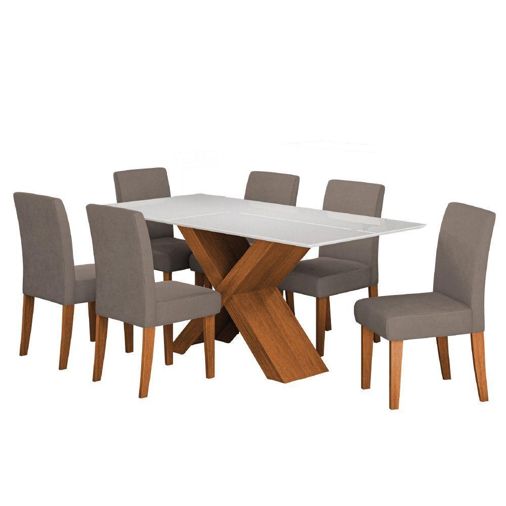Conjunto De Mesa Sala De Jantar Tampo Com Vidro 1,80m Grécia 6 Cadeiras Trieste Dobuê Madeirado/mascavo - 1