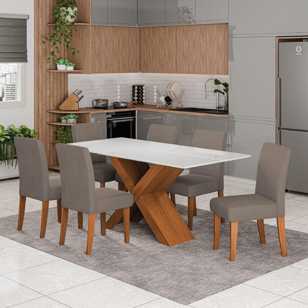 Conjunto De Mesa Sala De Jantar Tampo Com Vidro 1,80m Grécia 6 Cadeiras Trieste Dobuê Madeirado/mascavo - 2