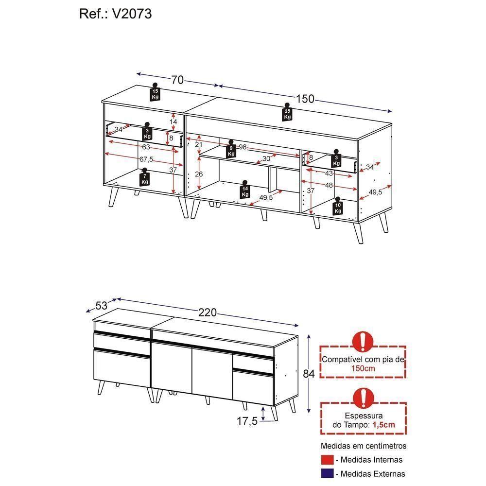 Kit Com 2 Balcões De Cozinha 150cm E 70cm Veneza Multimóveis V2073 Branco Branco - 3