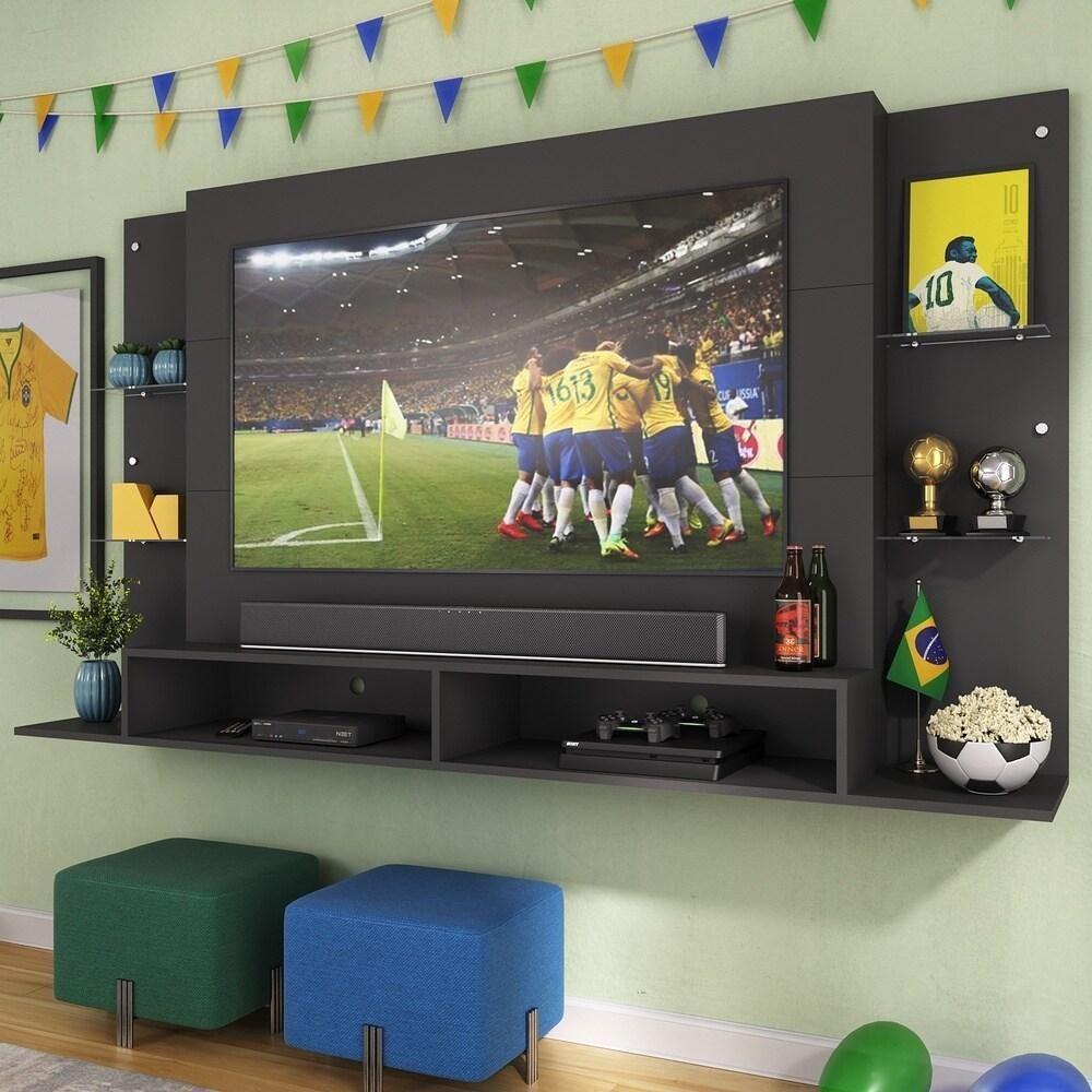 Painel Tv 60" Com Suporte E Prateleiras De Vidro Brasil Multimóveis Br3071 Preto - 1