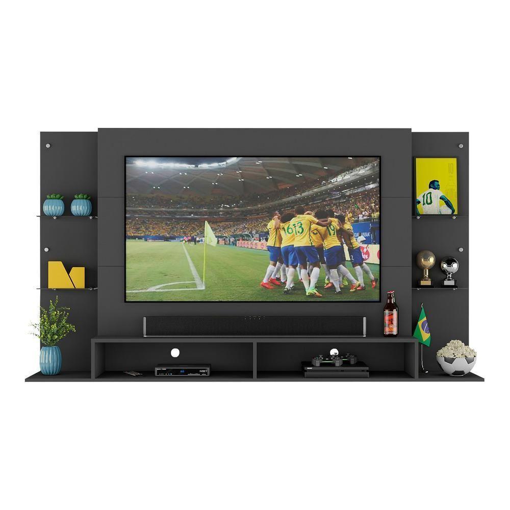 Painel Tv 60" Com Suporte E Prateleiras De Vidro Brasil Multimóveis Br3071 Preto - 3