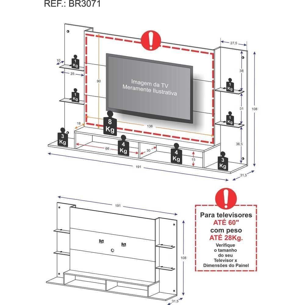 Painel Tv 60" Com Suporte E Prateleiras De Vidro Brasil Multimóveis Br3071 Preto - 4
