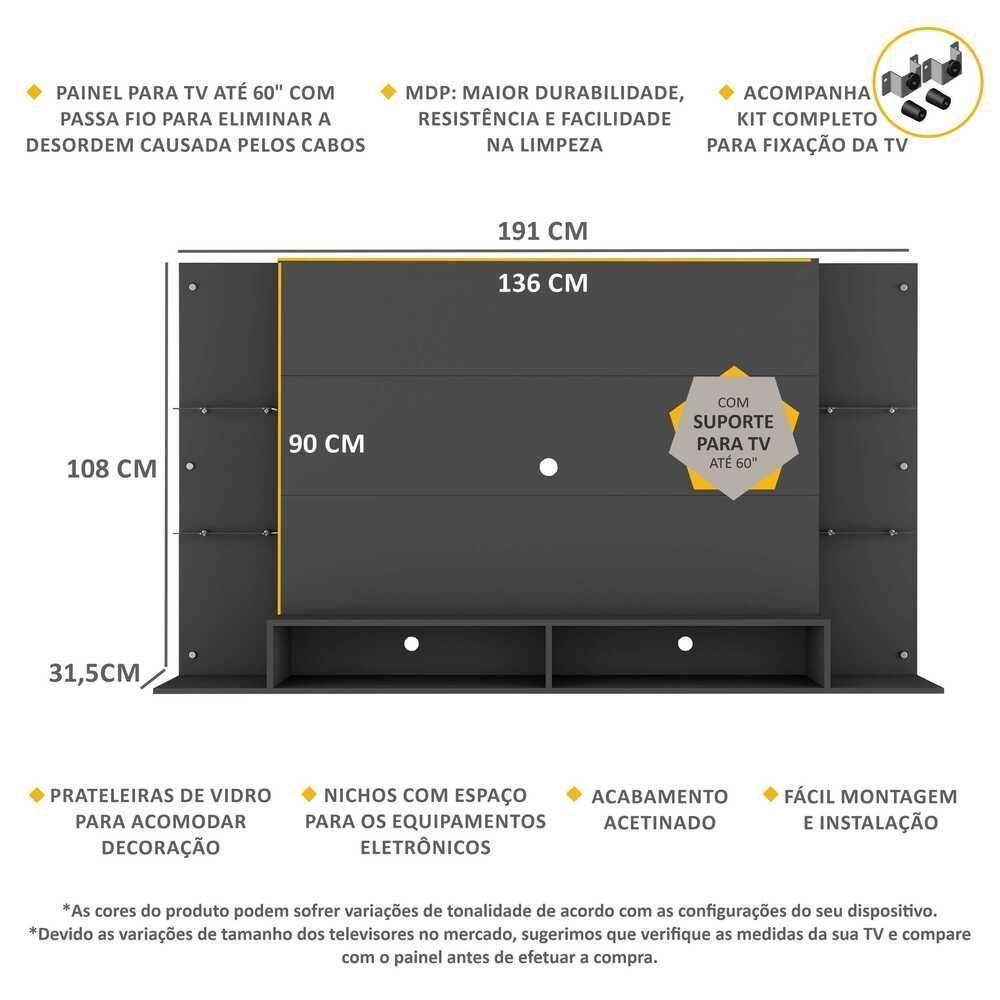 Painel Tv 60" Com Suporte E Prateleiras De Vidro Brasil Multimóveis Br3071 Preto - 5
