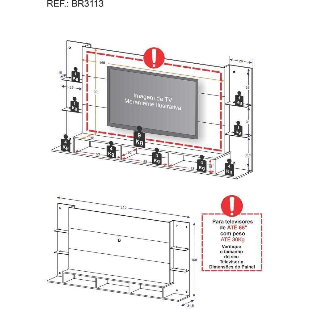 Painel Tv 65" Com Prateleiras De Vidro Brasil Plus Multimóveis Br3113 Preto - 4