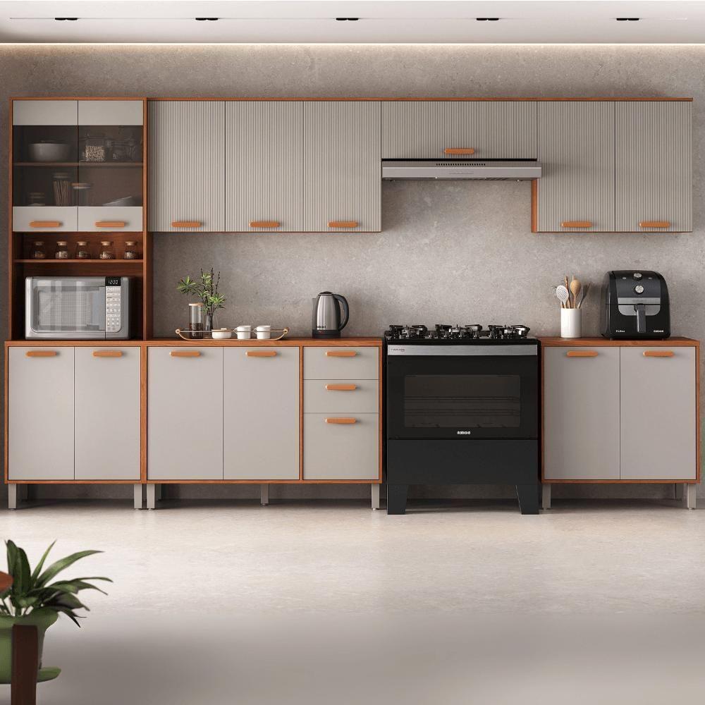Cozinha Completa Itatiaia 2 Vidros 350cm Em Madeira Mdp Cinamomo Fendi Itafriz - 1