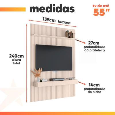 Painel Para Tv Até 55 Polegadas 1,35x2,40m Ripado Com Nicho Arbo Off White Edn