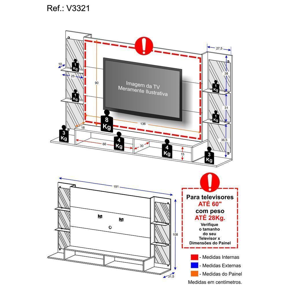 Painel Com Suporte Tv 60" E Espelho Nairóbi Multimóveis V3321 Preto Preto - 4