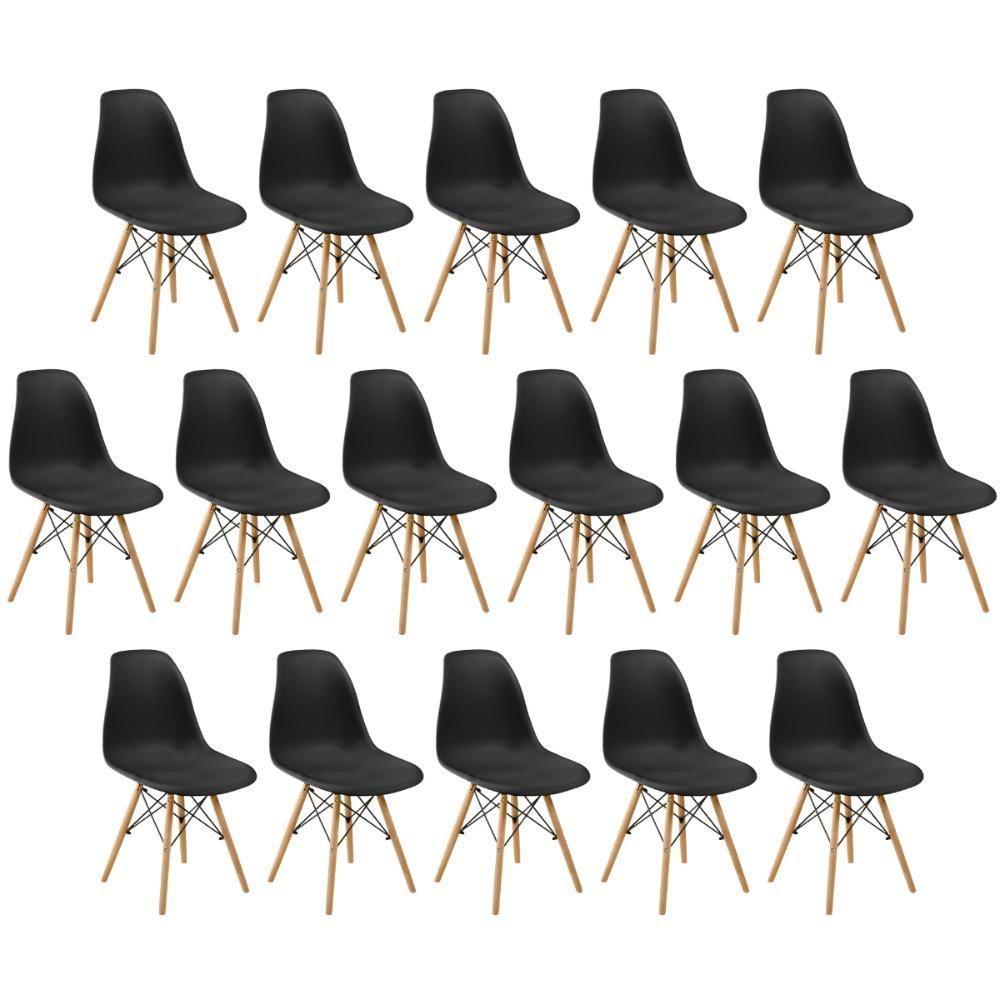 Conjunto 16 Cadeiras Charles Eames Eiffel Wood Base Madeira - Preta - 1