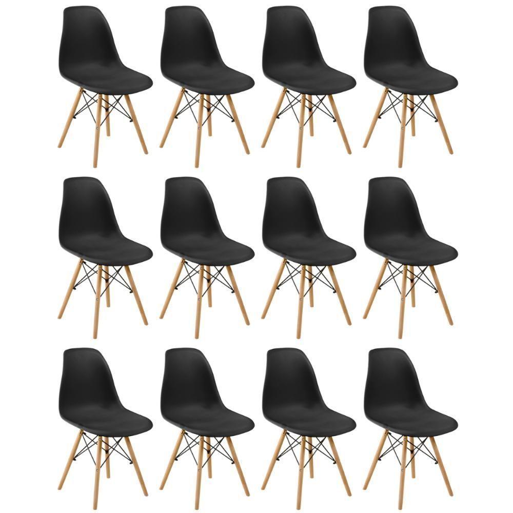 Conjunto 12 Cadeiras Charles Eames Eiffel Wood Base Madeira - Preta - 1