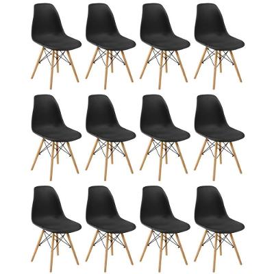 Conjunto 12 Cadeiras Charles Eames Eiffel Wood Base Madeira - Preta