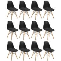 Conjunto 12 Cadeiras Charles Eames Eiffel Wood Base Madeira - Preta - 1