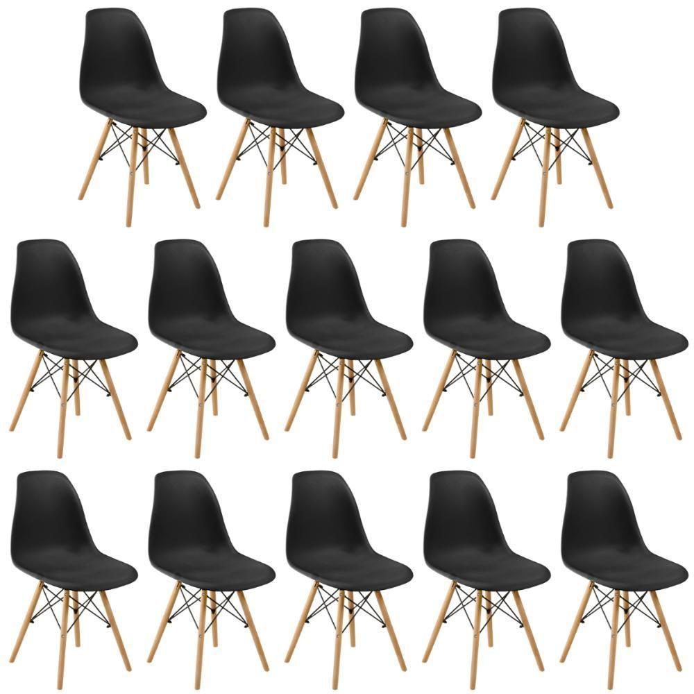 Conjunto 14 Cadeiras Charles Eames Eiffel Wood Base Madeira - Preta - 1