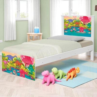 Cama Solteiro Com Cabeceira Adesivada Dinossauros Coloridos
