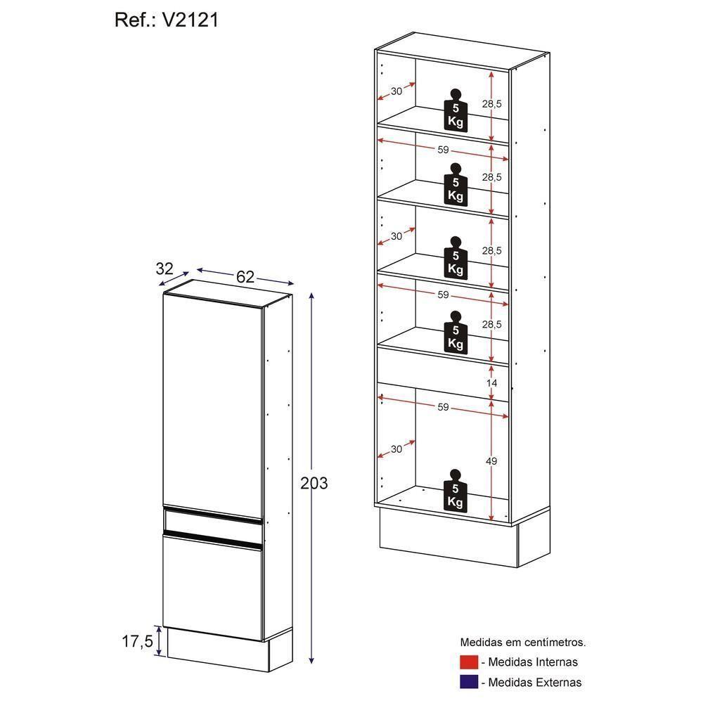 Paneleiro 2 Portas 62cm Com Rodapé Veneza Multimóveis V2121 Branco/preto Branco/preto - 4