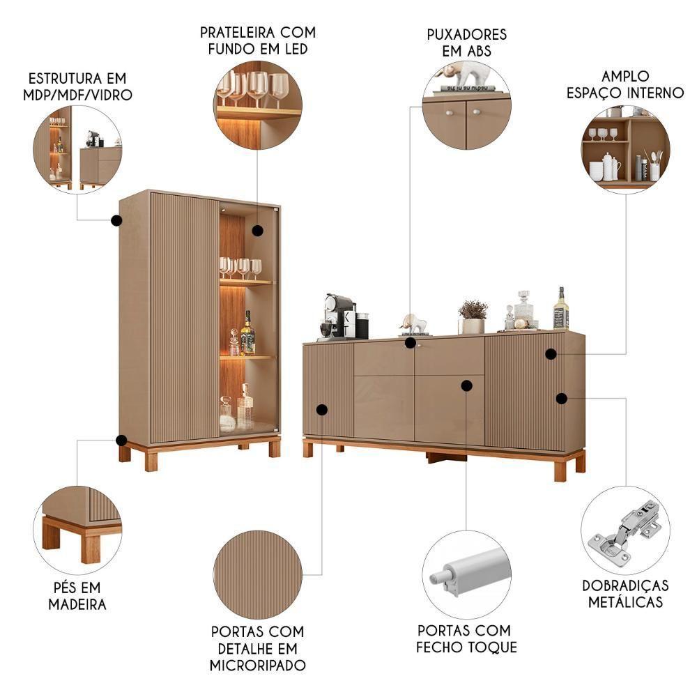Buffet Aparador E Cristaleira Com Led Lucca Areia-freijó C01 - Mpozenato - 3