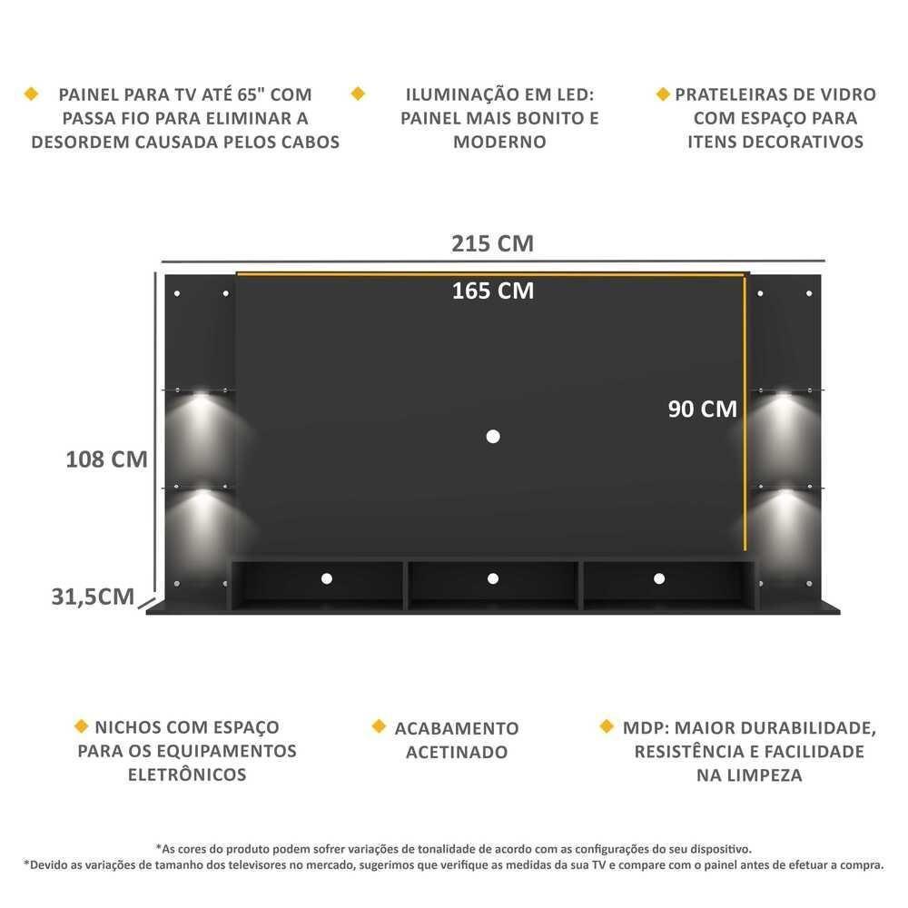 Painel Tv 65´´ Com 4 Leds E Prateleiras De Vidro Preto - 2