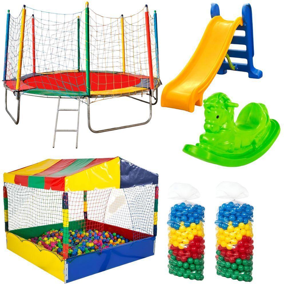 Cama Elastica 3,05m Escorrega Medio Gangorra Piscina De Bolinhas 1,50m Com 1000 Bolinhas - 1