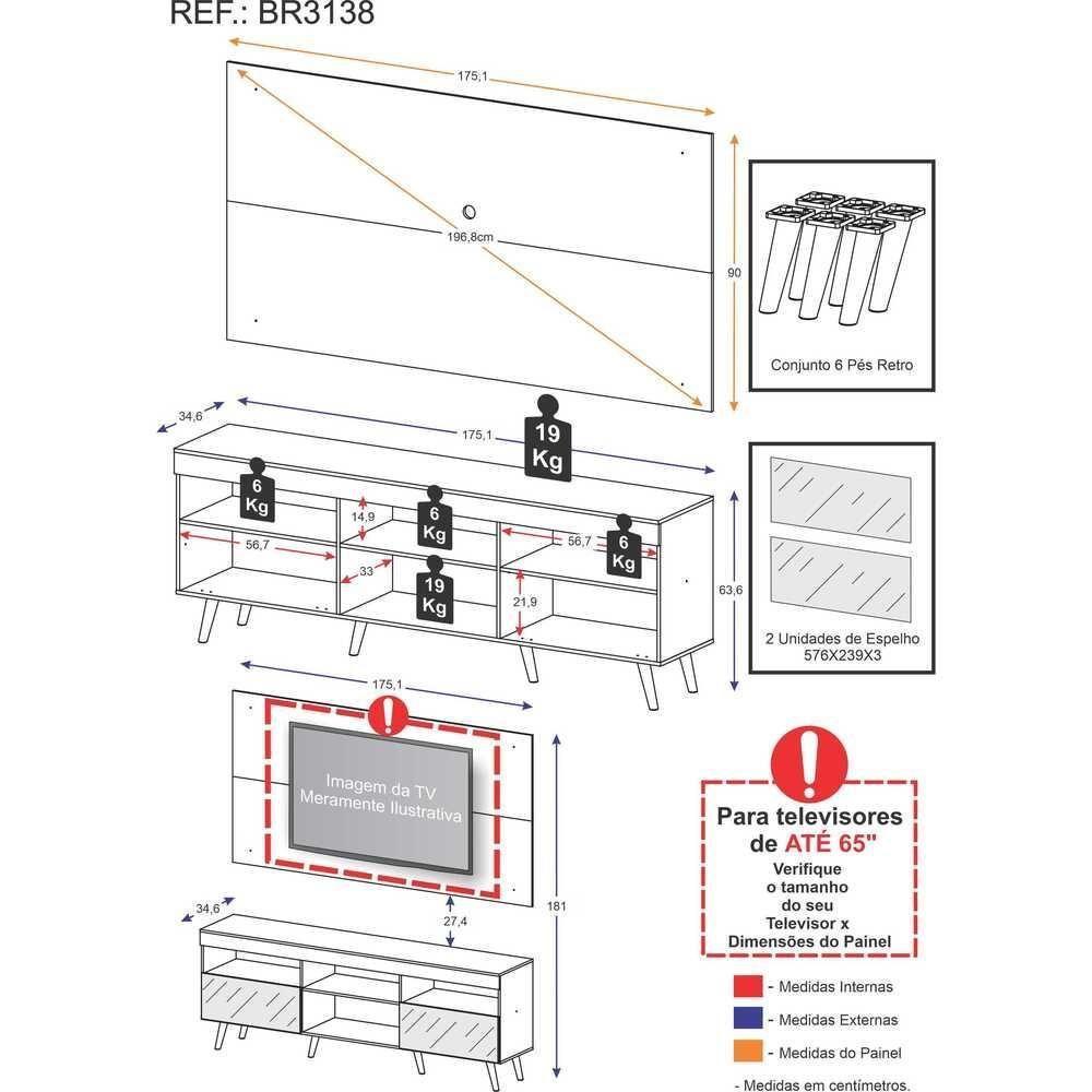 Rack C/ Painel Tv 65" Com Espelho Holanda Br3138 Branco - 4