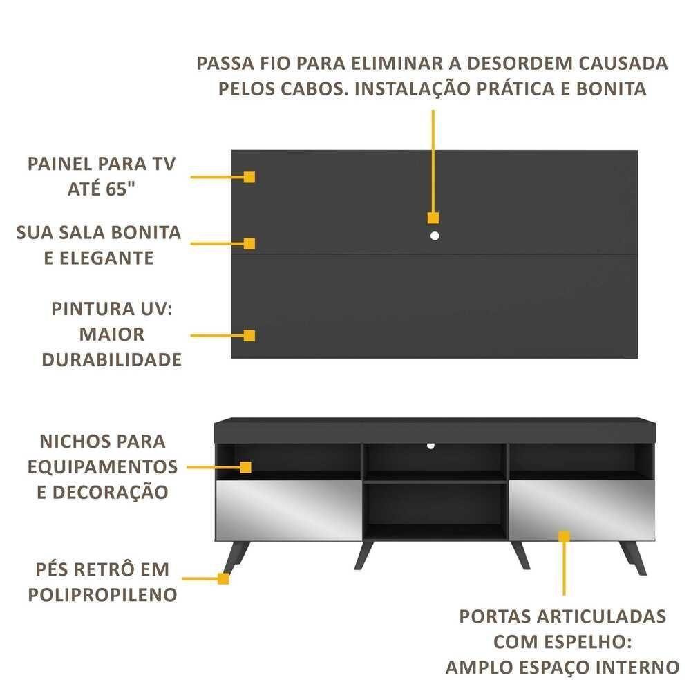 Rack C/ Painel Tv 65" Com Espelho Holanda Br3138 Preto - 5