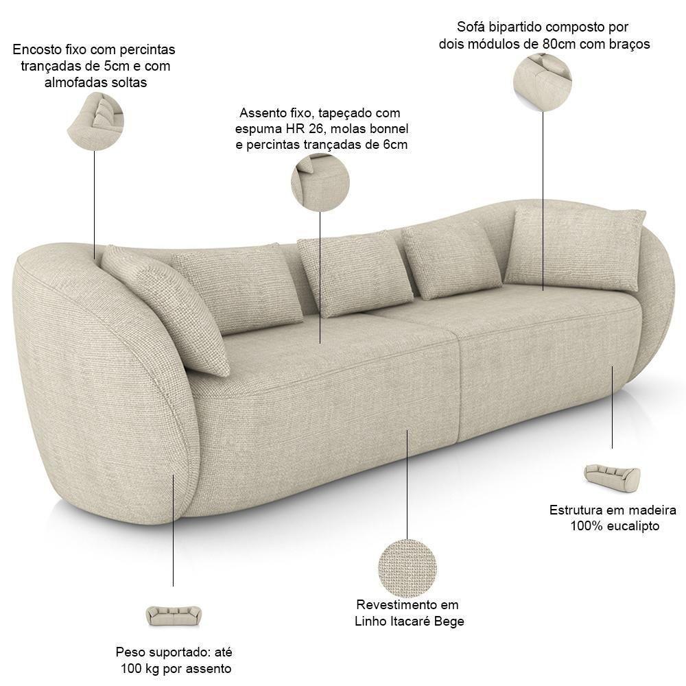 Sofá 3 Lugares Para Sala Living Orgânico 212cm Eça P08 Linho Itacaré Bege - Lyam Decor - 4