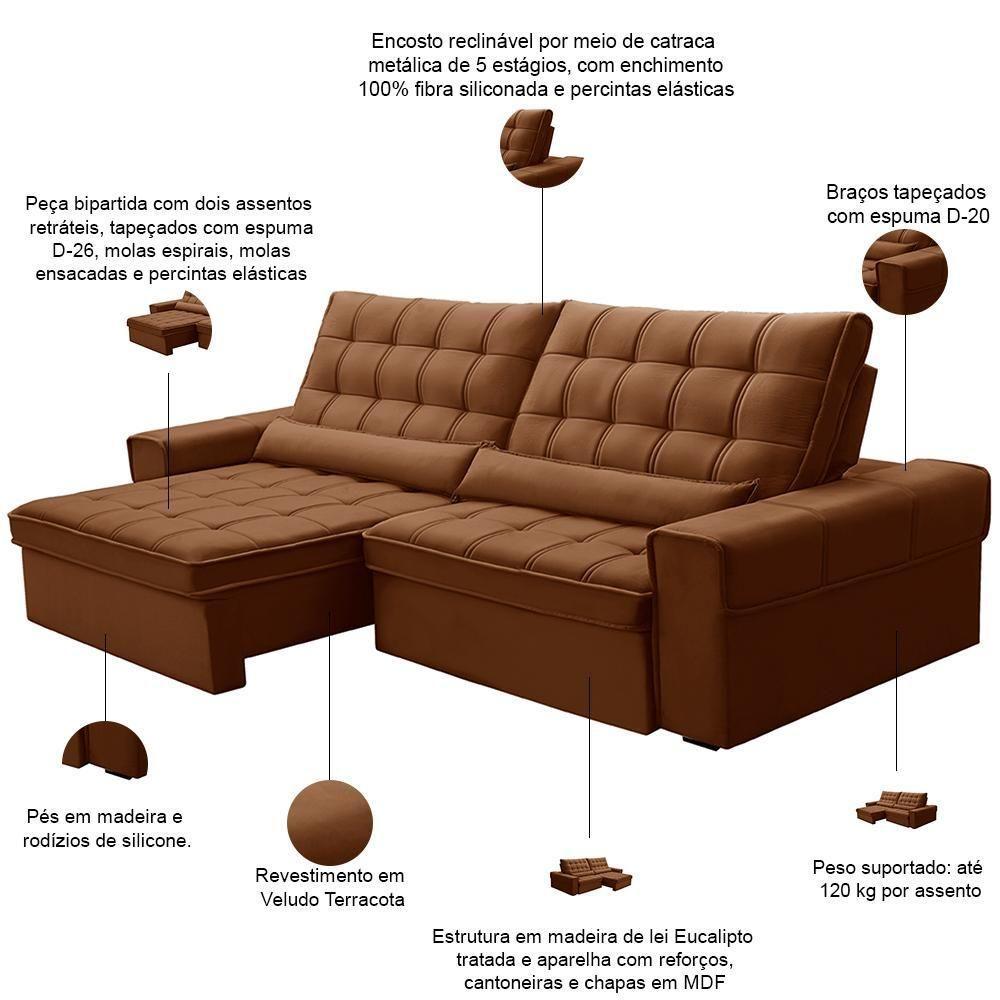 Sofá Retrátil Reclinável Para Sala 4 Lugares 290cm Nebrasca F04 Veludo Terracota - Lyam Decor - 3