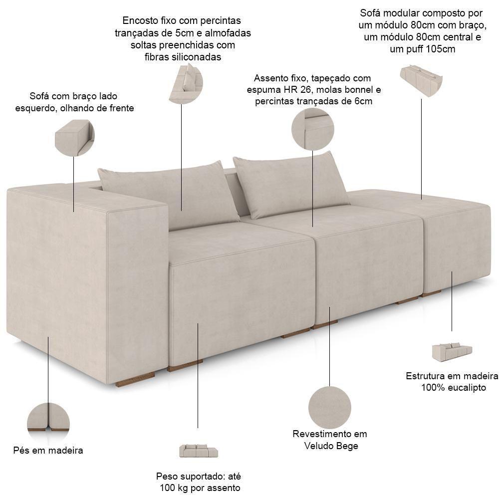 Sofá 3 Lugares Com Puff Para Sala Living 298cm Austin P08 Veludo Bege - Lyam Decor - 4
