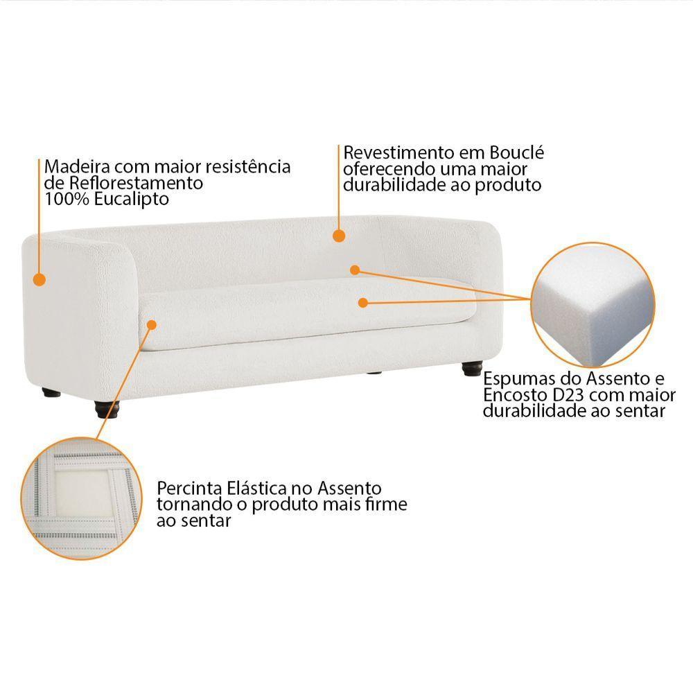 Sofá 3 Lugares Luxo Recepção Escritorio Sala Veneza 180cm Bouclé - Doce Sonho Móveis Branco - 5