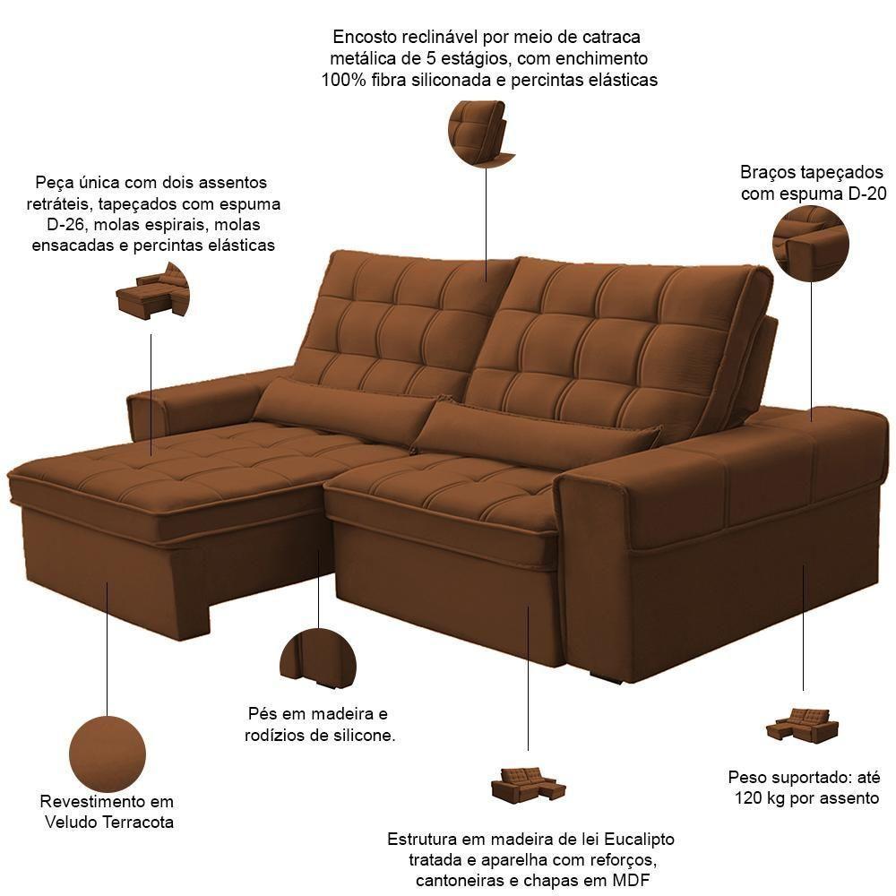 Sofá Retrátil Reclinável Para Sala 3 Lugares 210cm Nebrasca F04 Veludo Terracota - Lyam Decor - 3