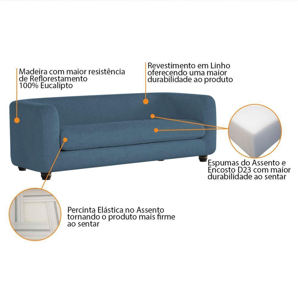 Sofá 3 Lugares Luxo Recepção Escritorio Sala Veneza 200cm Linho - Doce Sonho Móveis Azul Royal - 8