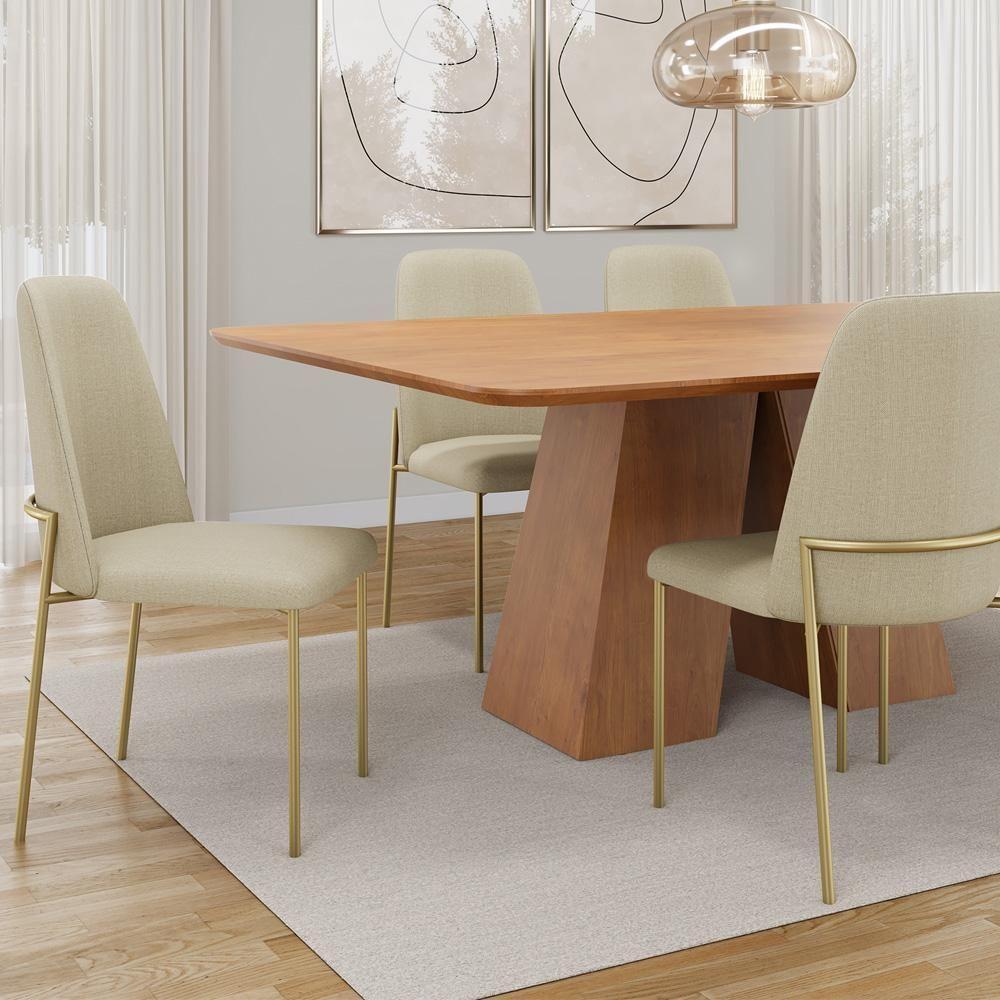 Cadeira Decorativa Estofada Para Sala De Jantar Dourada Bella L02 Linho Bege Escuro - Lyam Decor - 2