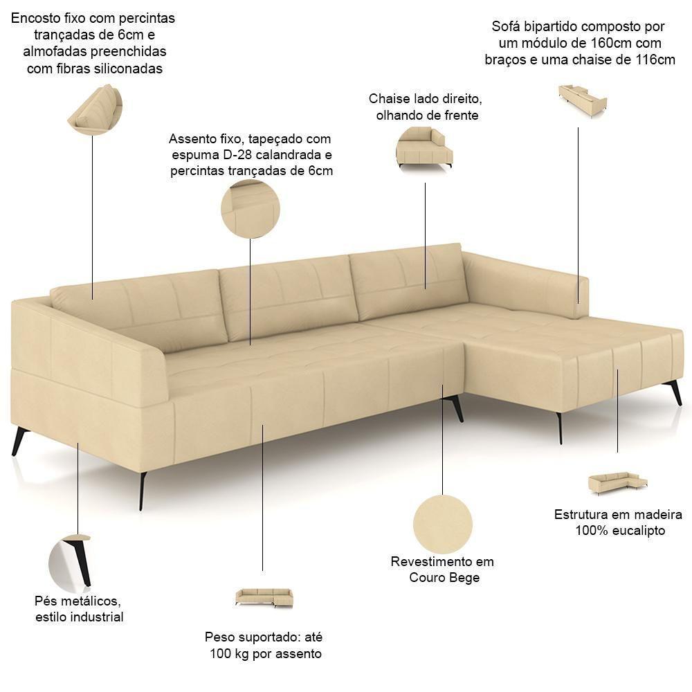 Sofá 3 Lugares Com Chaise Para Sala Living 292cm Tolstoi P08 Couro Bege - Lyam Decor - 4