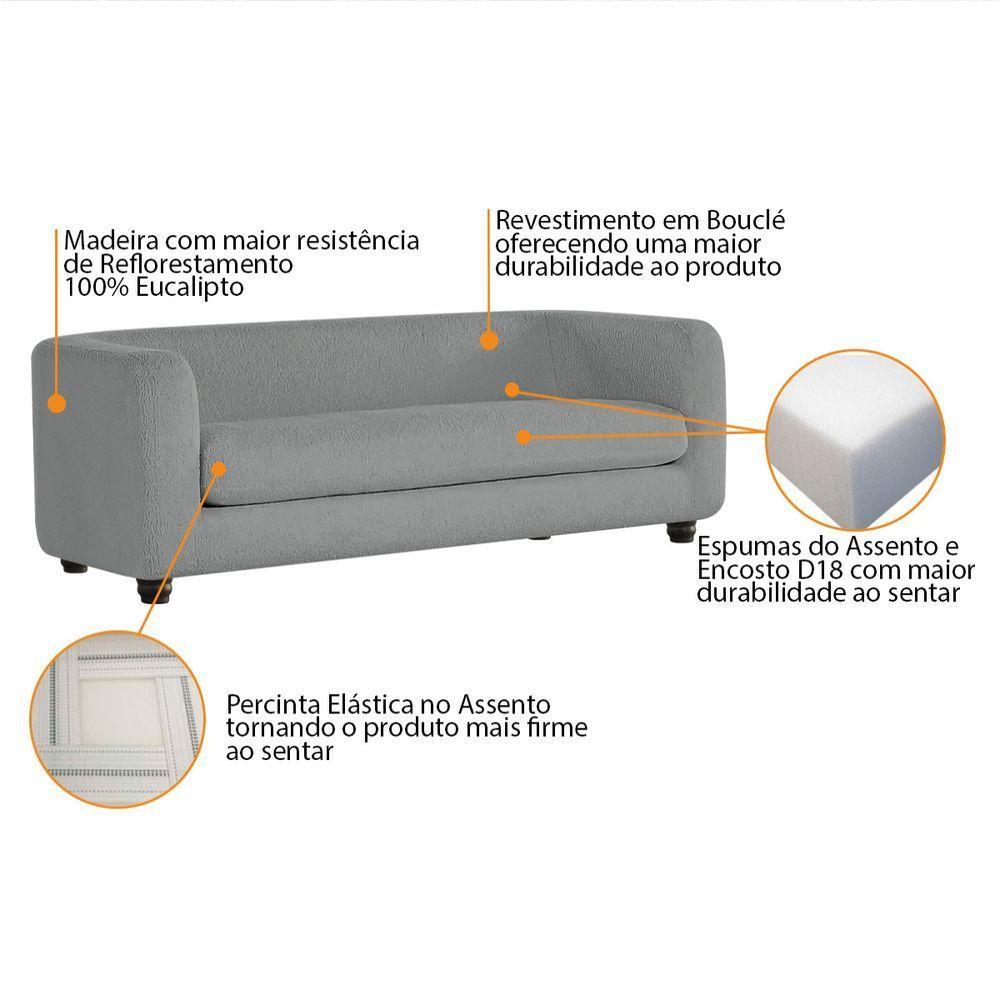 Sofá 3 Lugares Luxo Recepção Escritorio Sala Veneza 180cm Bouclé - Doce Sonho Móveis Cinza - 3